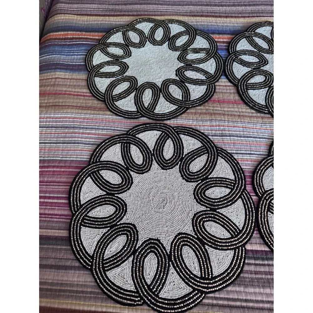 MacKenzie-Childs Beaded Placemats Set of 6 Black White Gold Round 15